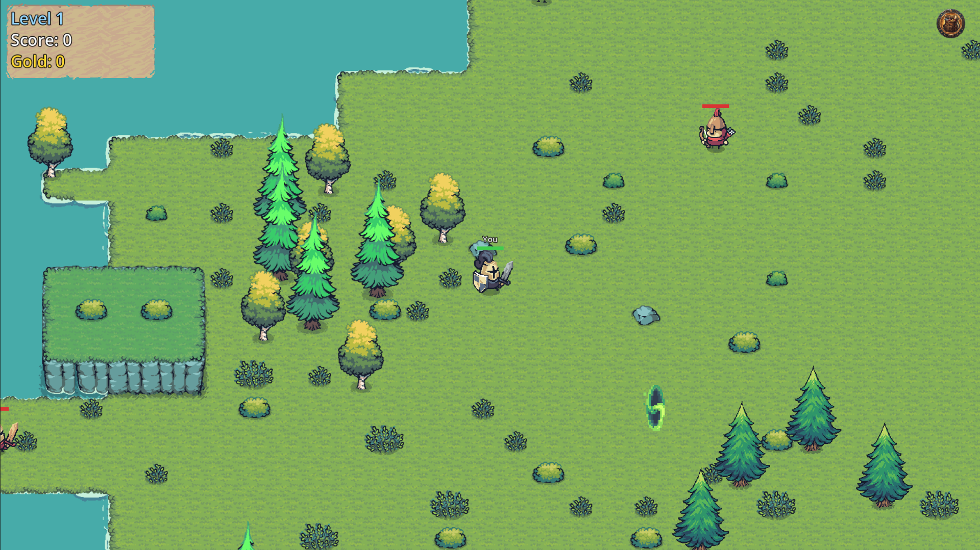 Havenforge — sunlit pixel meadow with a knight, river, and farm plot